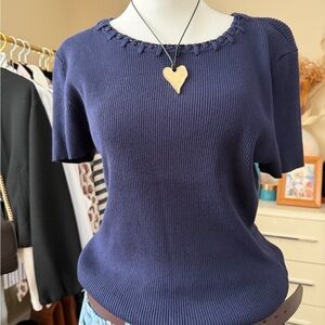 Marled Navy Ribbed Knit Top with Braided Detail